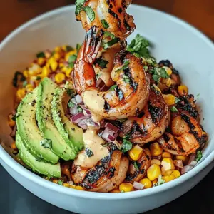 Grilled Shrimp Bowl with Avocado, Corn Salsa & Creamy Garlic Sauce