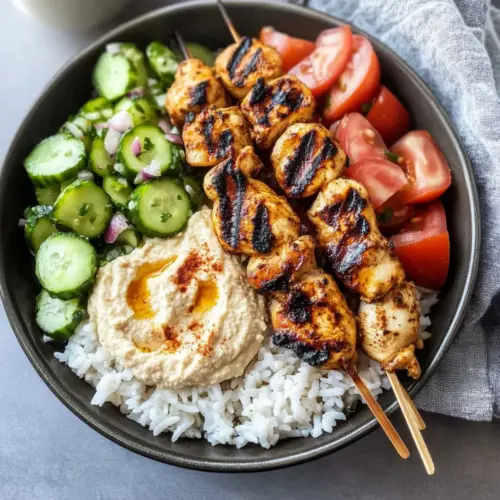 Mediterranean Rice Bowl with Grilled Chicken Tawook Skewers